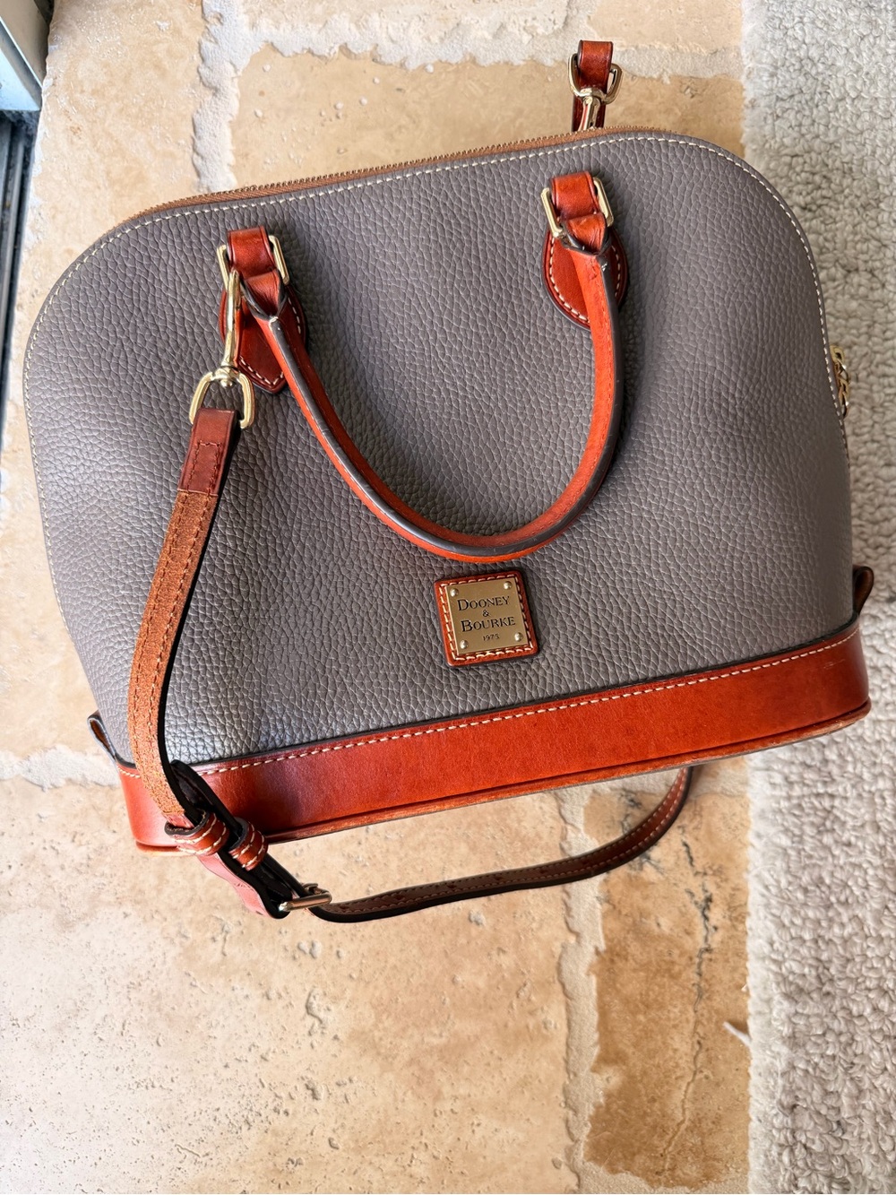 Dooney & Bourke Gray Pebble Leather Satchel with Brown Trim